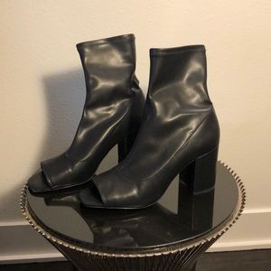 Tall Black Peeptoe Sock Booties in Black Leather